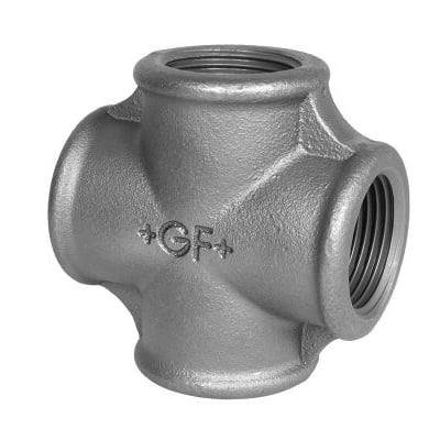 Georg Fischer sort krydsfitting i blødstøbt jern med 3/8" gevind, mærket med +GF+.