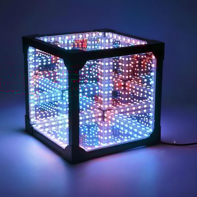 Infinity Cube 15x15 RGBIC med 8W effekt, der skaber en imponerende 3D lyseffekt med blå og røde LED'er.