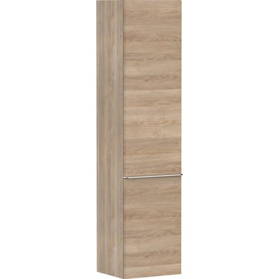 Hansgrohe Xelu Q højskab med venstrehængte låger i naturlig eg finish, vist fra siden.