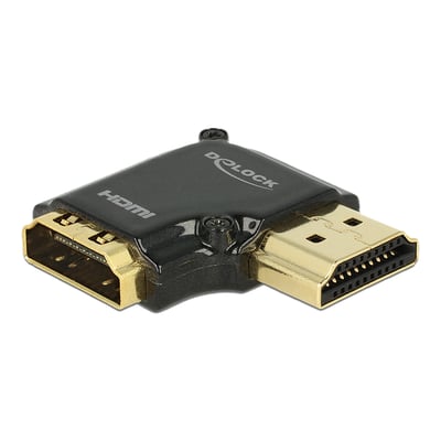 Delock HDMI-adapter med sort hus og forgyldte HDMI-A hun- og hanstik, vinklet 90° mod højre.