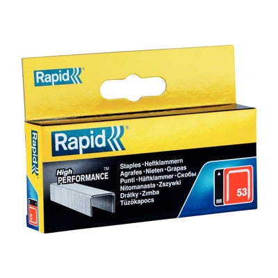 Nærbillede af æsken med Rapid 53/14 mm hæfteklammer, med tydelig markering af 'High Performance' og flere sprog for produktnavnet.