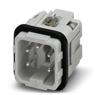 Phoenix Contact kontaktindsats HC A04 I-UT-M, D7, 5 poler, 16A, vinklet sidevisning, der viser den grå plastholder og sorte pakning.