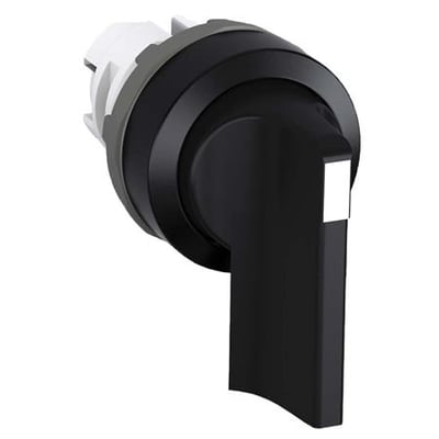 ABB drejeomskifter til PDA trykknap-serie i sort plast med tre positioner og en forkromet ramme.