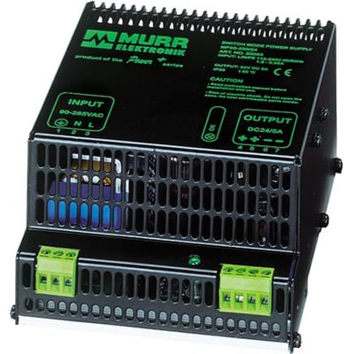 Murrelektronik MPS strømforsyning med 1-faset indgang på 90-265 Vac og 24 Vdc udgang på 5A, set fra siden.