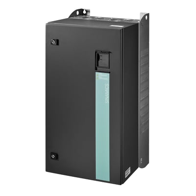 Siemens SINAMICS G120P PM230 powermodul 90KW med IP55 beskyttelse, sort kabinet med grøn stribe og 'SINAMICS' tekst.