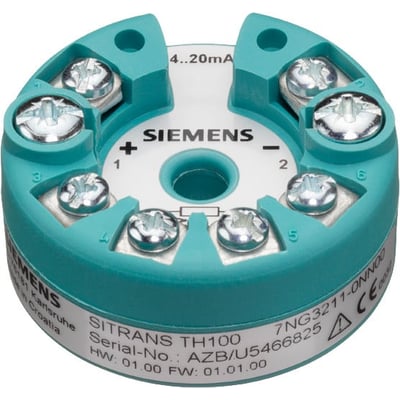 Siemens Sitrans TH100 temperaturtransmitter med 4-20 mA udgang og EX godkendelse, vist med tydelige terminaler og mærkning.