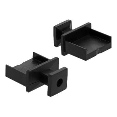 Sort Delock-støvhætte til USB Type-A-hunport med fremspringende greb, vist fra to vinkler.