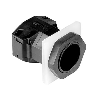 Grohe Rapid SL tilslutningsstykke i sort plast med hvid monteringsplade, set fra siden.