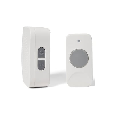 Michaela trådløs dørklokke-kit med batteridrevet lydgiver og hvid trykknap på hvid baggrund.