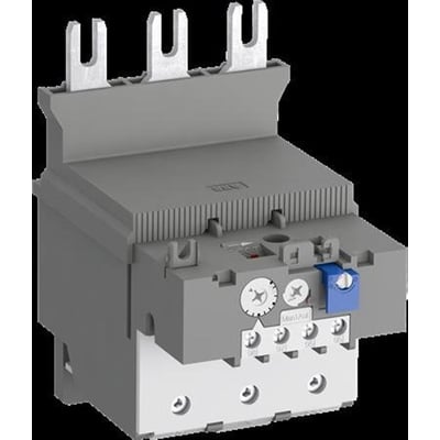 Nærbillede af ABB termorelæ TF140DU-110, der viser justeringsskrue for strømstyrke og reset-funktion.