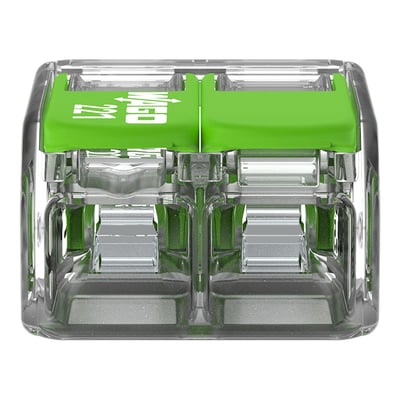 Wago 221 fjedersamlemuffe i transparent plast med grønne vippepaler, viser 2-leder tilslutning og Wago logo på en hvid baggrund.