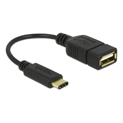 Sort Delock adapterkabel på 15 cm med USB Type-C 2.0-hanstik og USB 2.0 Type-A-hunstik, vist med begge stik.