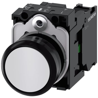 Siemens 22mm trykknap i hvid plast med rund, flad knap og skrueklemme, viser 1 sluttekontakt (NO) for styring af elektriske belastninger.