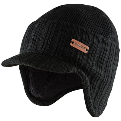 Blåkläder Workwear vinter cap i sort, størrelse L/XL, med øreklapper og ribstrik i 100% akryl.
