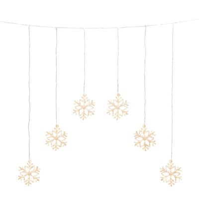 Konstsmide gardin-lyskæde med 6 snefnug og 48 varmhvide LED'er hængende på klar ledning mod hvid baggrund.