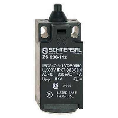 Positionsafbryder ZS 236-11Z fra Schmersal med trykknapbetjening og mærkning, fremstillet i sort kunststof.