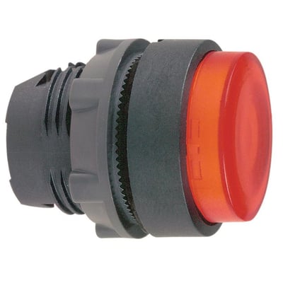 Sidebillede af et Schneider Electric ZB5AW143 lampetrykhoved i rød med tydelig ophøjet trykflade og 22mm diameter.