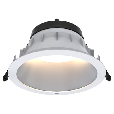 Hvid reflektor og front monteret på Ansell Lighting Comfort Downlight, set forfra med den indvendige del synlig.