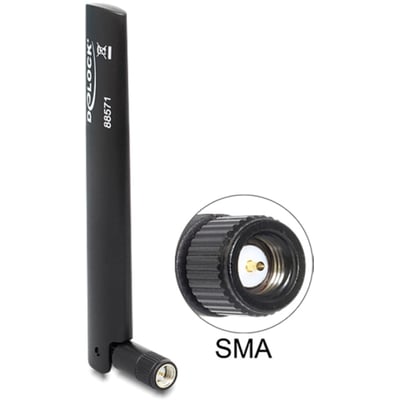 DeLOCK LTE antenne, sort og omnidirektionel, med SMA han-stik og mærkat med produktnummer 88571.
