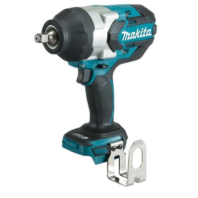Makita 18V slagskruenøgle DTW1001Z, set fra siden med 3/4" firkant-spindel og bælteclips.