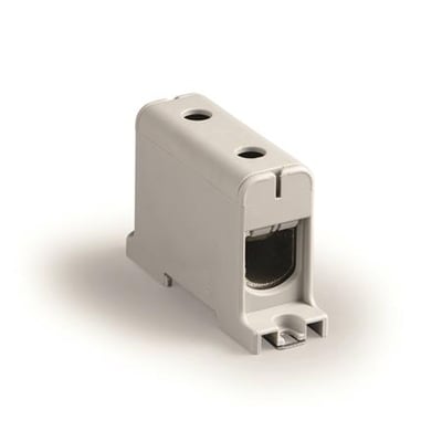 Ensto KE63 gennemgangsklemme, 35-150 mm², i grå farve, isoleret med blød skygge og fokuseret på klemmehuset.