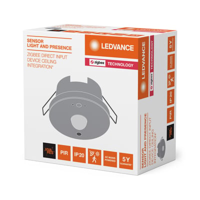 Emballagen til Ledvance Zigbee Direct Easy tilstedeværelsessensor viser en tegning af den runde sensor til indbygning.