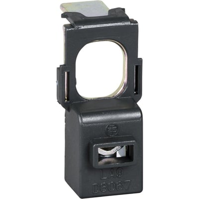 Schneider Electric spoleudtag hovedklemme LC1D80-95, fremstillet i sort plast med metalclips og mærkat med nummer LA9 D8067.