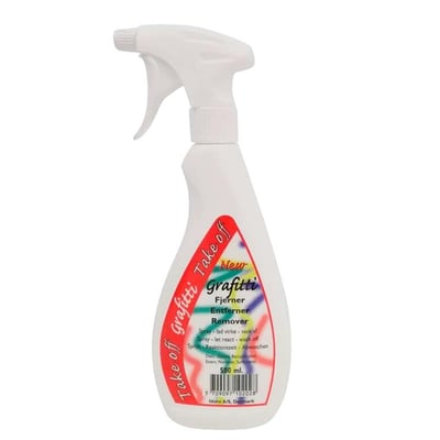 Hvid sprayflaske med Grafittifjerner Take Off på 0,5 liter, klar til brug og effektiv fjernelse af graffiti fra forskellige overflader.