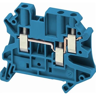 Schneider Electric etageklemme i blå plast med 4 MM2 ledningsevne, viser 1i/2u konfiguration og metalterminaler.