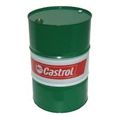 Grøn 208 liters Castrol Hyspin AWS 68 hydraulikolie tønde med Castrol logo i rød og hvid på hvid baggrund.