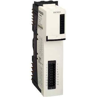 Schneider Electric Modicon STB kit, 40kHz tæller med 1 kanal, vist fra siden med tydelig mærkning og tilslutningsport.