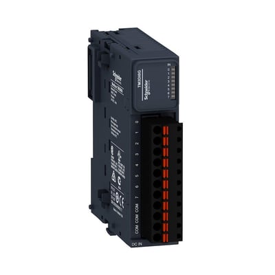 Schneider Electric TM3 DI8 udvidelsesmodul med 8 digitale indgange og praktiske fjederklemmer, vist i et neutralt miljø med fokus på design.