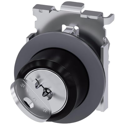 Siemens Ronis nøgleafbryder i mat metal med 30mm rund front og delvist indsat nøgle med Siemens logo.