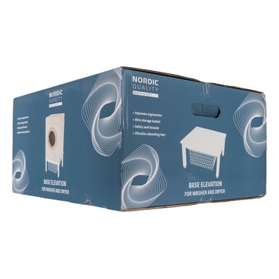 Nordic Quality vaskemaskine/tørretumbler sokkel med kurv, vist på emballage med illustrationer og produktinformation.