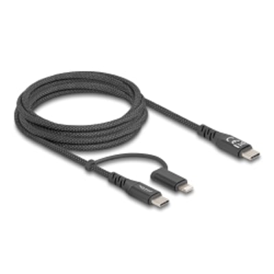 DeLock 2-i-1 USB-C til USB-C og Lightning kabel, 2 meter, sort, med stofbeklædning og sammenrullet på hvid baggrund.