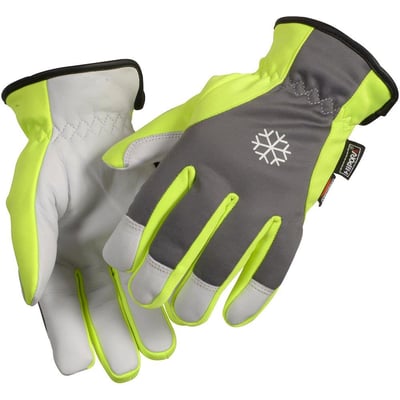 Bagside af Boisen Safety Vinterhandsker Supreme 3600, med HIPORA-logo, snedyvel-symbol og grå softshell overhånd med neon detaljer.