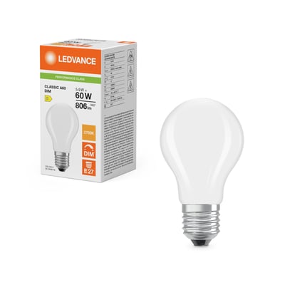 Emballage og Ledvance LED standard mat pære med E27 sokkel, 5.9W, 806lm og 2700K lysfarve.