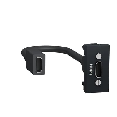 Schneider Electric New Unica HDMI udtag i antracit med en fleksibel kabelstruktur og tydelig HDMI-mærkning på frontpanelet.