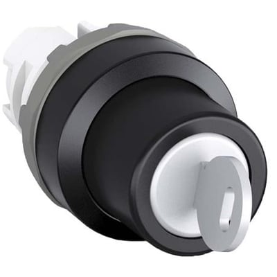 ABB M3SSK2-101 nøgleafbryder i 3-positioner med fas ABC, vist med nøgle indsat i sort frontpanel og grå og hvid bagmontering.