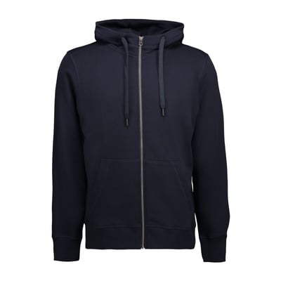 ID Identity klassisk hættecardigan model 0638 i navy, str. S, set forfra med lynlås, hætte og kængurulommer.