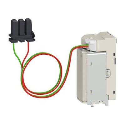 Schneider Electric MX/XF spole til Masterpact MTZ i 24VAC/24-30VDC med tilhørende sort stik og røde/grønne ledninger.