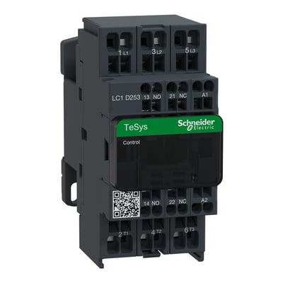 Schneider Electric TeSys D kontaktor 25A med 3 poler, 48VAC spole, 1NO+1NC hjælpekontakter og fjederterminaler.