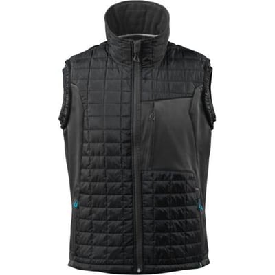 Mascot Advanced termovest i sort/mørk antracit, med quiltede paneler, høj krave og lynlåslukning, vist forfra på hvid baggrund.