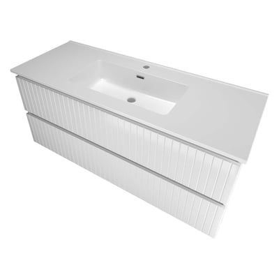 Sanibell Proline møbelsæt i hvid højglans med to grebsfrie softclose skuffer og porcelænsvask.