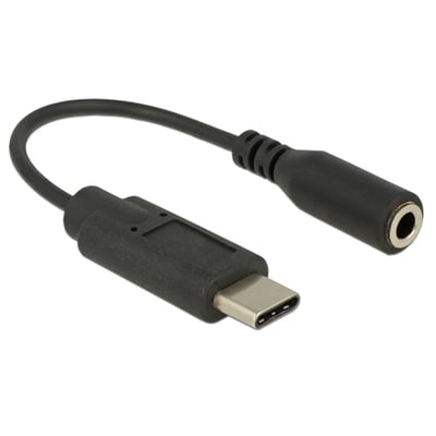 Sort DeLock 65842 lydadapter med USB Type-C-hanstik og stereo-jack-hunstik på et kort kabel.