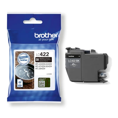 Brother LC422BK sort blækpatron til 550 sider ved siden af den blå originalemballage.