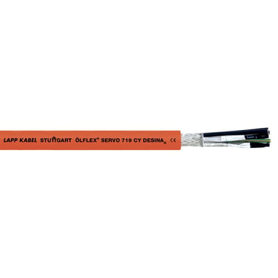 Lapp OLFLEX SERVO 719 CY servokabel med orange kappe, der viser den afskårne ende med skærm og indre ledere.