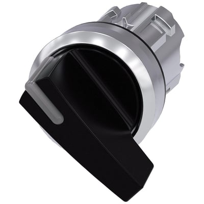 Siemens oplyselig 22mm omskifter med sort betjeningsgreb og metalring, placeret på hvid baggrund.