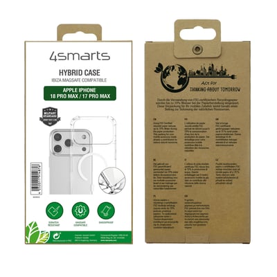 Emballagen til 4smarts Hybrid Case Ibiza viser det gennemsigtige cover med magnetring til iPhone 18 Pro Max og 17 Pro Max.