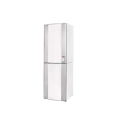 Metro Therm System 3 gulvstillet fjernvarmeunit med fuldisoleret kabinet og indbygget beholder på 200 liter, vist fra siden med rørføring nedad.